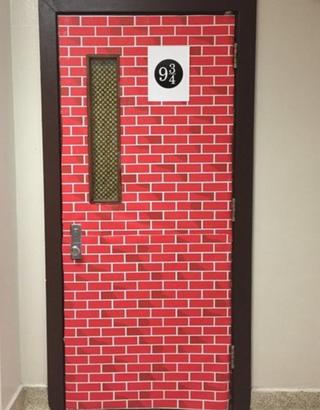 Door decorated to resemble the brick portal entrance to Platform 9 3/4