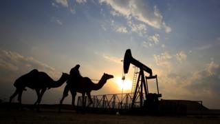 A man rides a camel through the desert oil field and winter camping area of Sakhir, Bahrain.