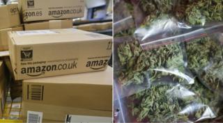 Collage picture showing Amazon storage boxes and packets of cannabis
