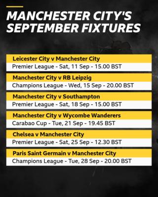 Man City September fixtures: Leicester (a), RB Leipzig (h), Southampton (h), Wycombe Wanderers (h), PSG (a)