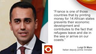 Luigi Di Maio, Italian deputy PM on left, "France is one of those countries..." on the right