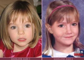 Ein Poster der Find Madeleine Campaign, das Madeleine McCann im Alter von drei Jahren zeigt und wie sie jetzt im Alter von sechs Jahren aussehen könnte