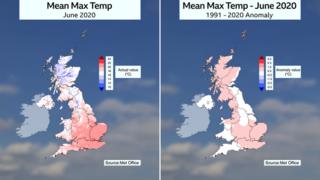 A map showing mean max temp in June 2021 next to an anomaly map showing mean June max temperatures for 1991 to 2020