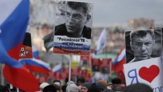 Opposition supporters take part in a memorial march for Boris Nemtsov to mark the fifth anniversary of his assassination in Moscow, Russia, 29 February 2020.