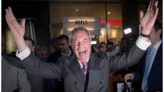 Nigel Farage celebrates the Leave vote in 2016