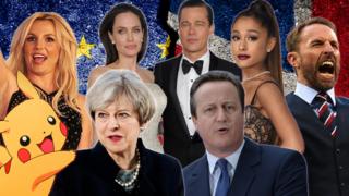 Britney Spears, Angelina Jolie, Brad Pitt, Ariana Grande, Gareth Southgate, David Cameron and Theresa May and Pikachu