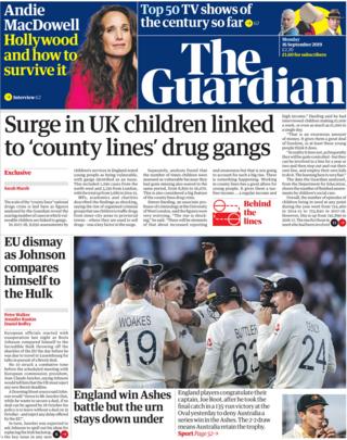 Front page of the Guardian on 16 September 2019