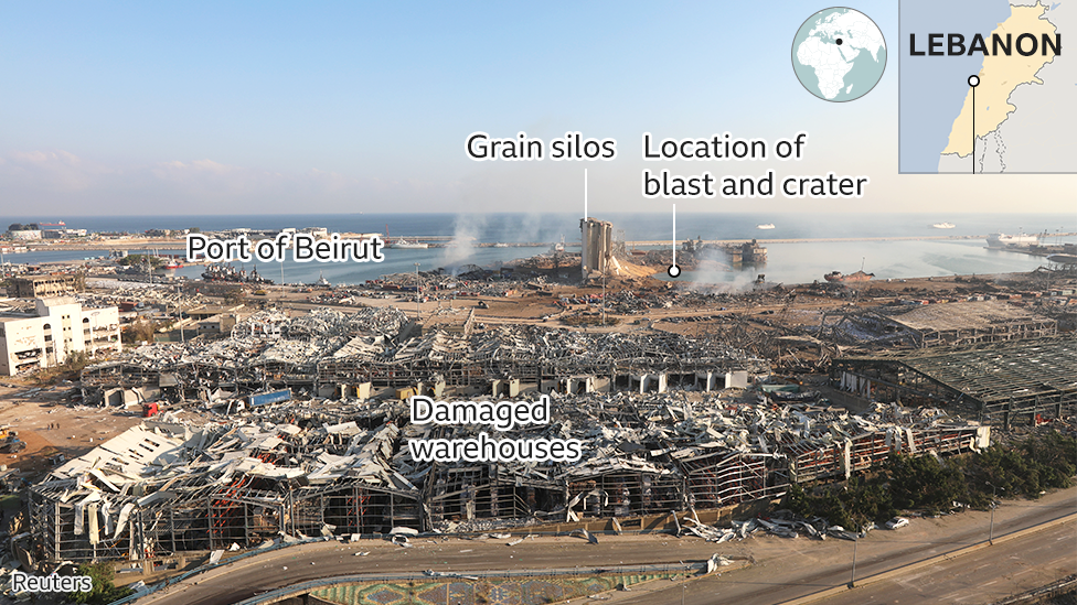 Panorama showing damage to Beirut's port after explosion on 4 August 2020