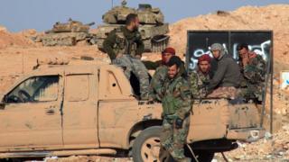 Syrian government forces deployed on a road south-east of Aleppo (4 November 2015)