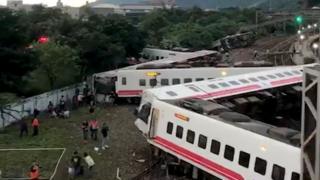 An overturned train is seen in Yilan County, Taiwan