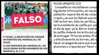 Imagem à esquerda mostra uma etiqueta de "falso" e avisa que a seleção do México não jogará no dia das eleições presidenciais do país; imagem à direita mostra uma mensagem de WhatsApp com um "aviso urgente" de que os lápis usados na votação podem ser fraudados