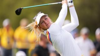 Emily Pedersen drives the ball during day one of the 2023 Solheim Cup