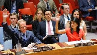 US Ambassador to the United Nations Nikki Haley (R) and Britain's Ambassador Matthew Rycroft vote on a US-drafted resolution toughening sanctions on North Korea, at the United Nations Headquarters in New York, on 5 August 2017.