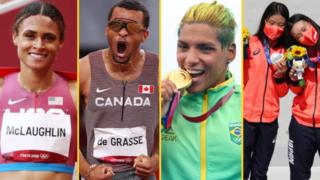 Sydney McLaughlin (left), Andre De Grasse (second left), Ana Marcela Cunha and Sakura Yosozumi and Kokona Hiraki (right)