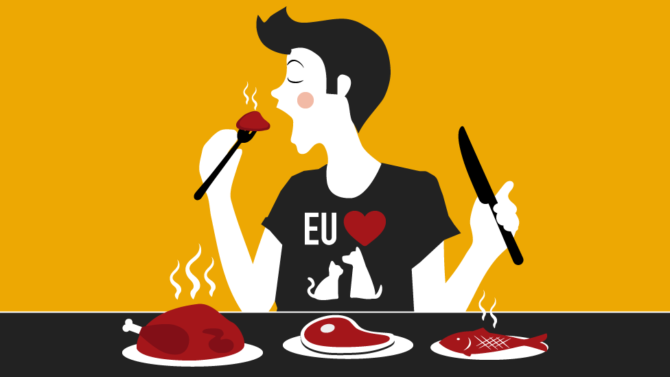 Ilustração que mostra homem comendo carne