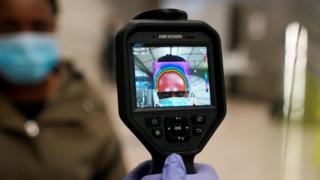 Thermal imaging camera in use at a train station in Bilbao, May 2020