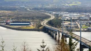A photo of the Caley Thistle stadium and the Kessock Bridge taken from Ord hill near Inverness