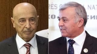 Rival Libyan leaders Agila Salah (l) and Nouri Abusahmen (r) have been urged to work together