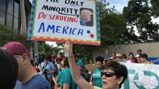 Демонстрант в Техасе держит в руках табличку с карикатурой Дональда Трампа и словами: единственное меньшинство, уничтожающее Америку