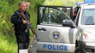 Armed Kosovo police during a raid near the town of Zubin Potok. Photo: 28 May 2019