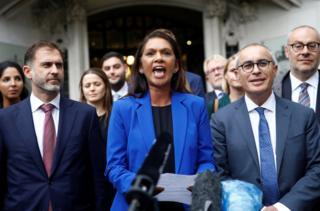 Campaigner Gina Miller talks to the media after the Supreme Court hearing on Boris Johnson's decision to prorogue parliament ahead of Brexit, in London. September 24, 2019