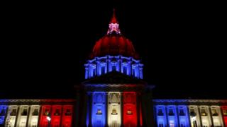 San Francisco City Hall is lit up with blue, white and red, the colors of the French flag, following the Paris terror attacks, in San Francisco, California