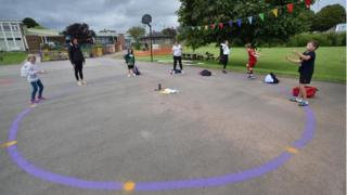 Children dance on a measured and painted socially distanced circle in the playground as they wait to be picked up by their parents at Llanishen Fach Primary School in Cardiff