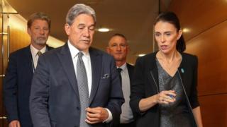 Prime Minister Jacinda Ardern and Deputy Prime Minister Winston Peters arrive at a press conference at Parliament on March 18, 2019 in Wellington