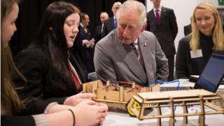 Prince Charles with children at Ysgol Cwm Brombil