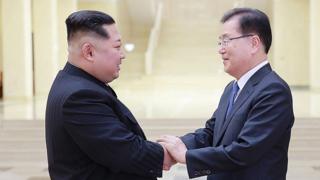 Ким Чен Ын пожимает руку Чун Юй-ёну, главе президентского управления национальной безопасности Южной Кореи в Пхеньяне (5 марта 2018 года)