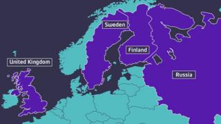 UK, Sweden, Finland and Russia highlighted on a map of northern Europe.