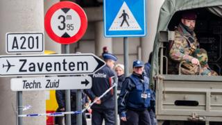 Police and soldiers outside Zaventem Airport in Brussels, Tuesday, March 29, 2016
