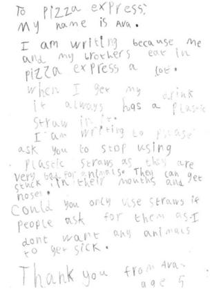 Letter from five-year-old Pizza Express customer
