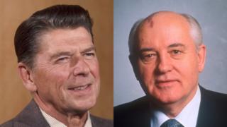 US President Ronald Reagan and USSR premier Mikhail Gorbachev.