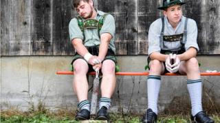 Competitors warm up for the German Finger Wrestling (Fingerhakeln) Championships in Garmisch-Partenkirchen, southern Germany, 15 August 2019