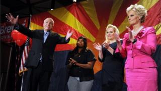 Mrs McCain, right, with her family at a 2010 Republican event