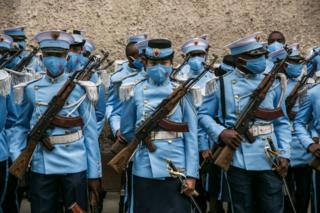 Students from the Antsi Military Academy (school for officers of the Malagasy army) are positioned in downtown Antananarivo on June 26, 2020 before the Malagasy military troops parade in front of the President of the Republic for the traditional Malagasy Independence Day, which was exceptionally organised on the Avenue de l'Indépendance in the city centre but without being open to the public.