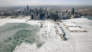 Chicago skyline with frozen lake