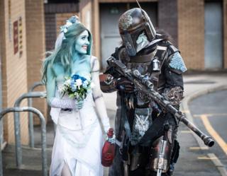 A couple dressed as Corpse Bride Emily and as a Mandalorian at the Bradford Unleashed Comic-Con at Bradford City AFC. 8 March 2020