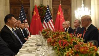 US President Donald Trump, US Secretary of the Treasury Steven Mnuchin and members of their delegation hold a dinner meeting with China's President Xi Jinping and Chinese government representatives, at the end of the G20 Leaders' Summit in Buenos Aires, on December 01, 2018. -