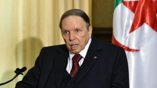 Algerian President Abdelaziz Bouteflika in a rare public appearance in 2016 at his residence in Zeralda (a suburb of the capital Algiers), receiving the then Prime Minister of France (not in the picture)