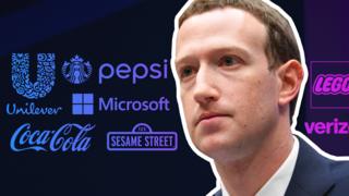 Mark Zuckerberg in front of company logos