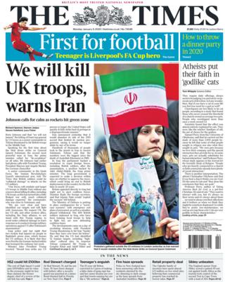 The Times front page 6 January 2020