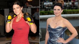 Carano con los guantes en 2008 y sobre la alfombra roja en 2013
