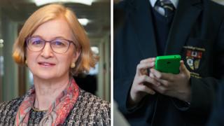 Composite image showing Amanda Spielman, chief inspector of Ofsted and a generic image of a pupil using a mobile phone