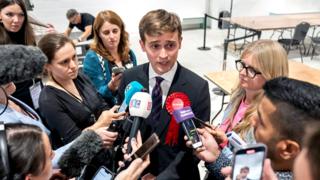 By-election winner and Labour Party candidate Keir Mather talks to the media after the results of the Selby and Ainsty by-election were announced at Selby Leisure Centre, North Yorkshire, on 21 July 2023