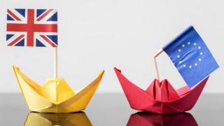 barcos de papel con banderas de Reino Unido y la Unión Europea.