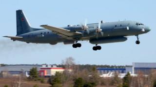 The Ilyushin II-20M 90924 reconnaissance aircraft takes off at Zhukovsky