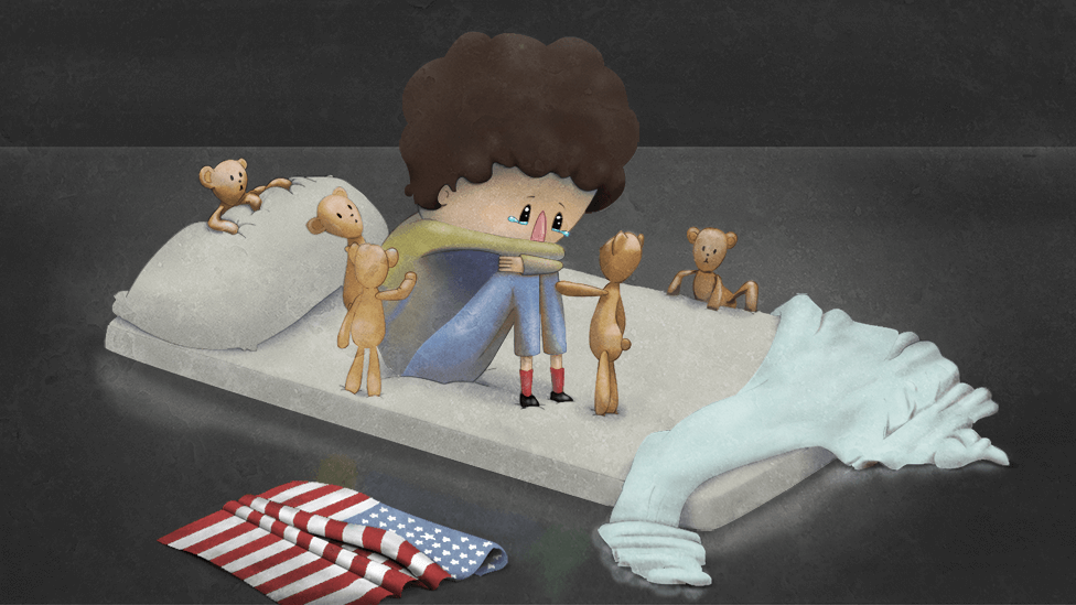Un dibujo muestra a un niño sentado en su cama llorando