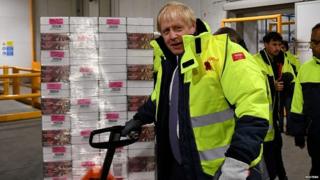 Boris Johnson during a visit to the headquarters of the Iceland's supermarket chain